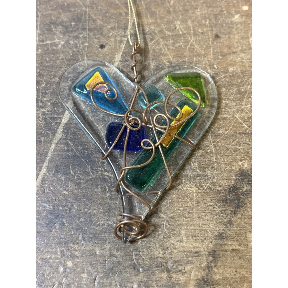 Fused Glass Heart Copper Wrapped Ornament Window Hanger